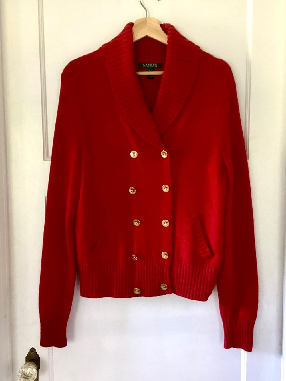 Vtg Lauren Ralph Lauren red knit Shawl Collar double-breasted Cotton cardigan XL